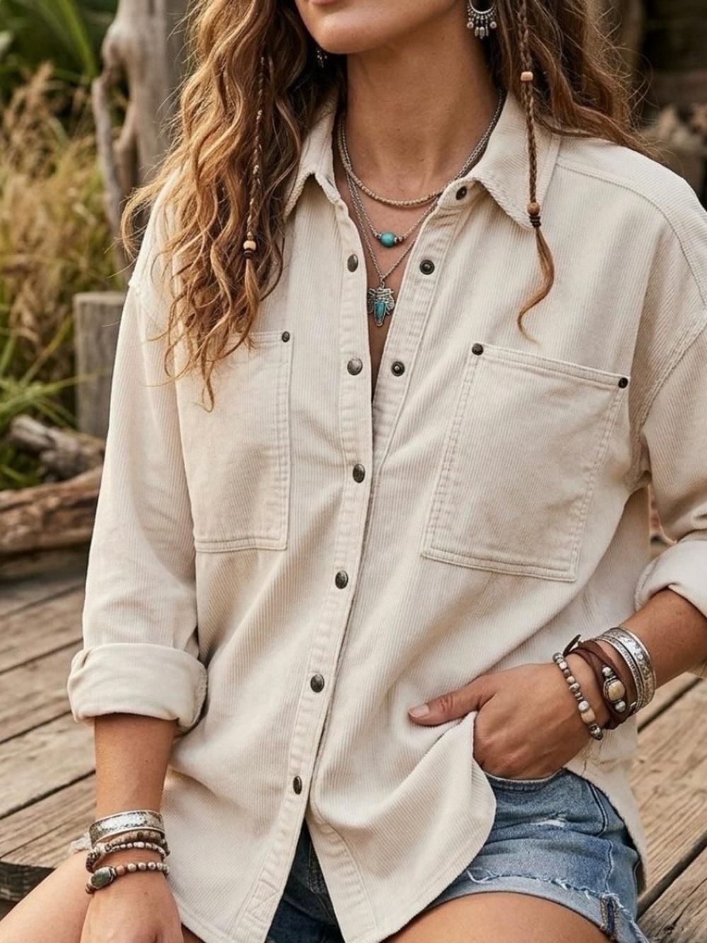 Free People We The Free Cream Baby Corduroy Button-Down Shirt Size Medium